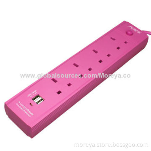 British Standard Power Strip with 4-Socket Outlets+2 USB Ports and Surge, Overload Protection